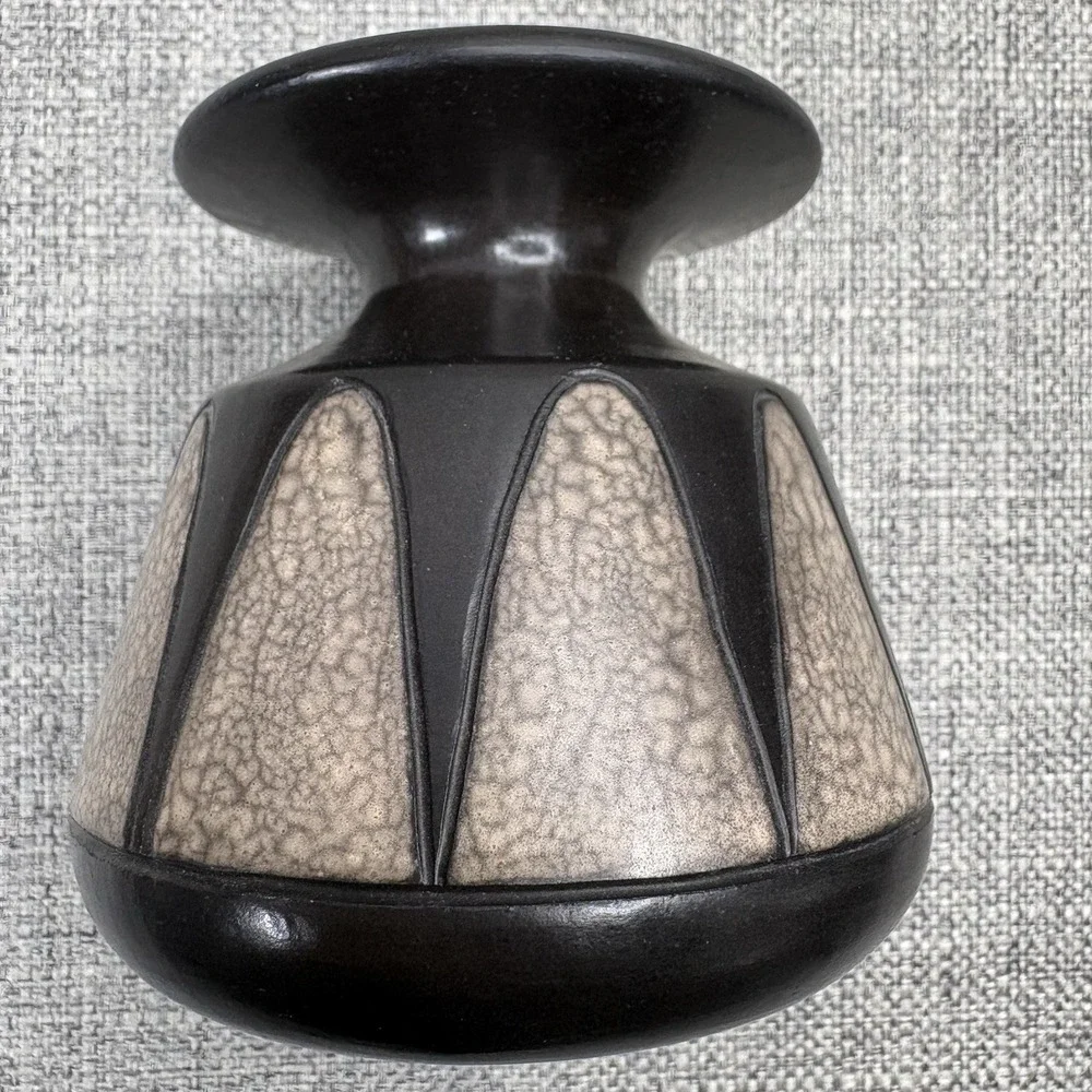Mid-Century Modern Geometric Ceramic Bud Vase Dark Brown Tan Crackle Glaze 4